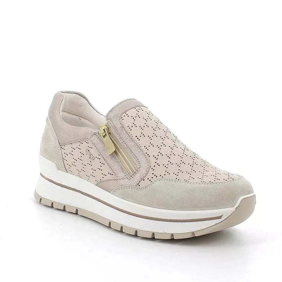 Beige-Cream Women'S Leather Sneakers-Igi&Co Discount