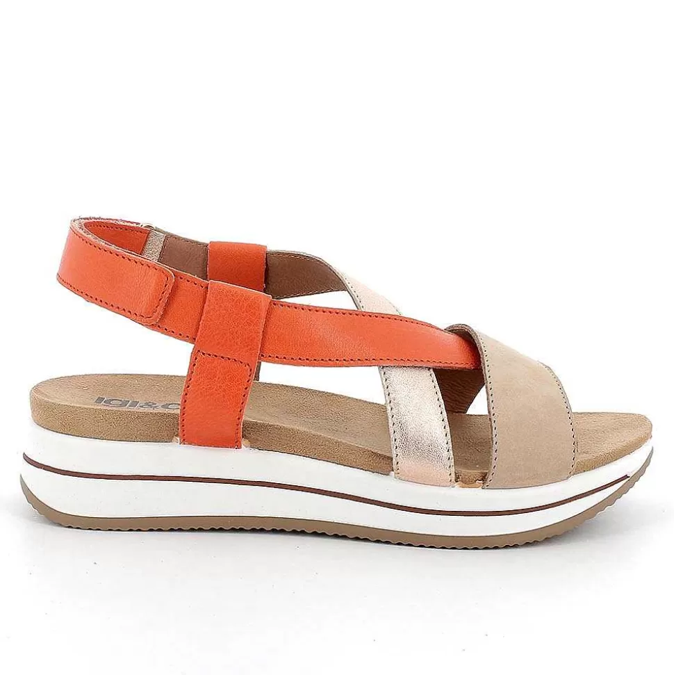 Beige-Orange Women'S Leather Wedge Sandals-Igi&Co Store