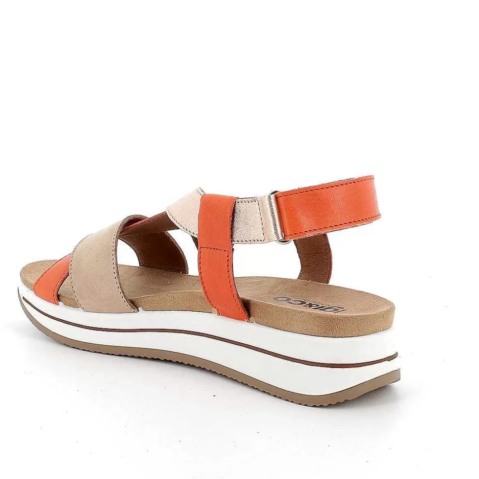 Beige-Orange Women'S Leather Wedge Sandals-Igi&Co Store