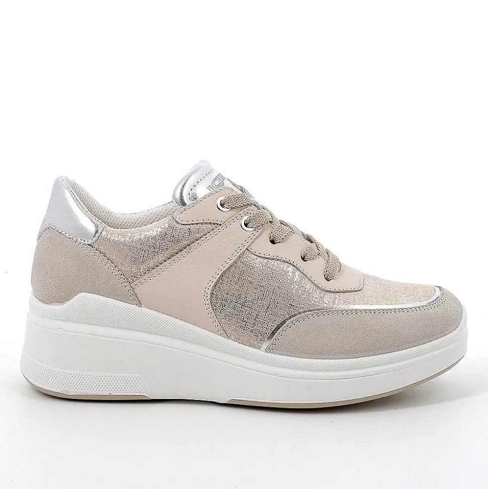 Beige-Platinum Women'S Leather Wedge Sneakers-Igi&Co Best