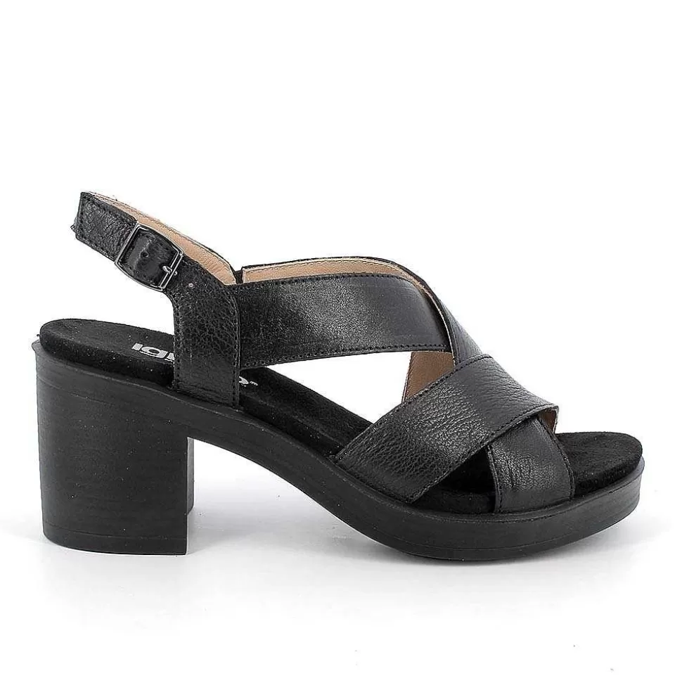 Black Women'S Leather Heeled Sandals-Igi&Co Online