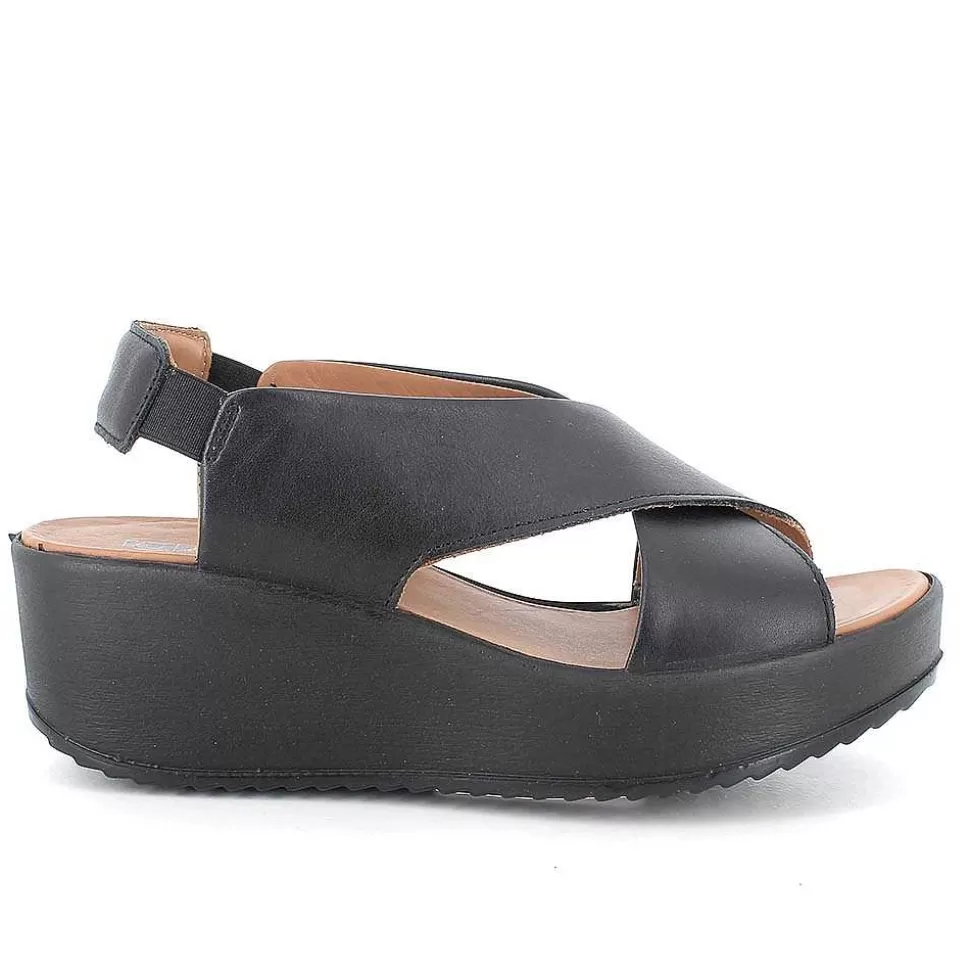 Black Women'S Leather Wedge Sandals-Igi&Co New