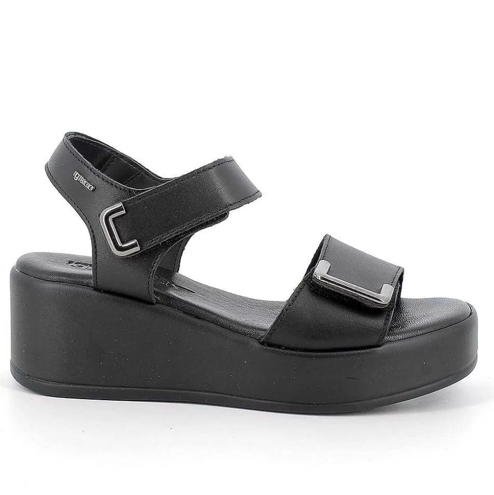 Black Women'S Leather Wedge Sandals-Igi&Co Clearance