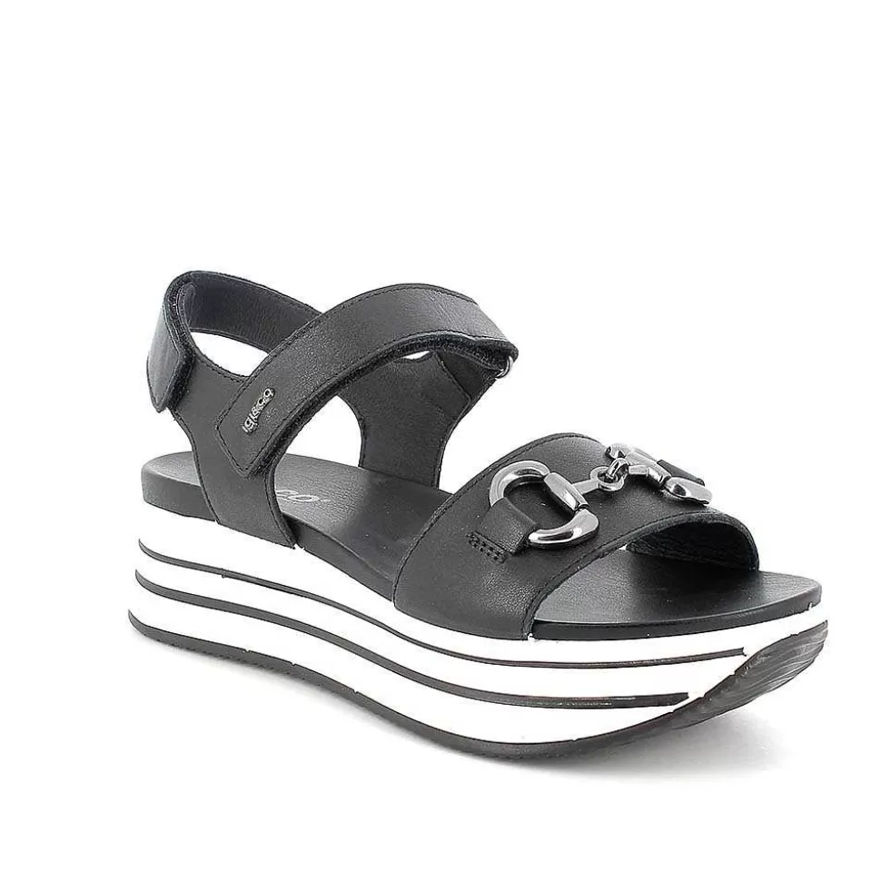 Black Women'S Leather Wedge Sandals-Igi&Co Online