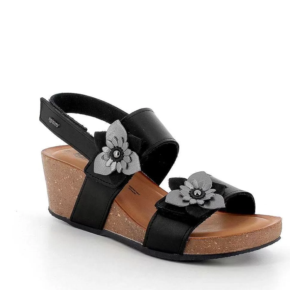 Black Women'S Leather Wedge Sandals-Igi&Co Discount