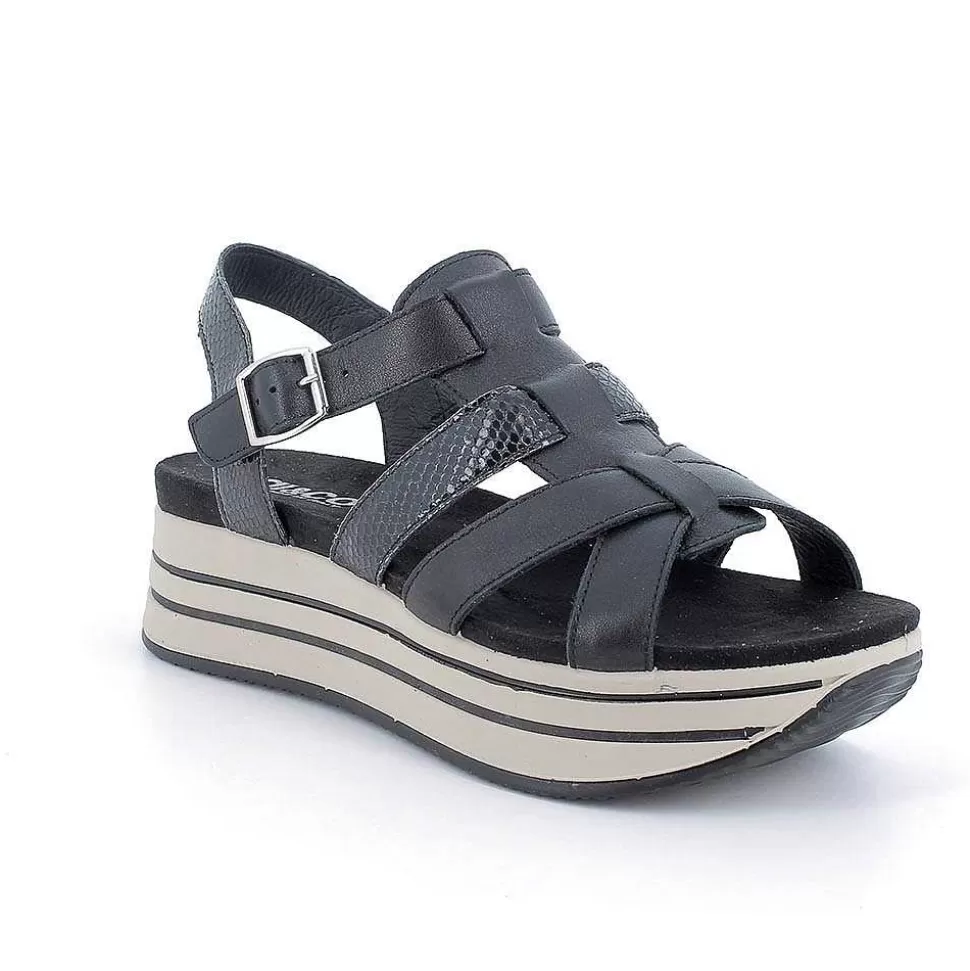 Black Women'S Leather Wedge Sandals-Igi&Co Sale