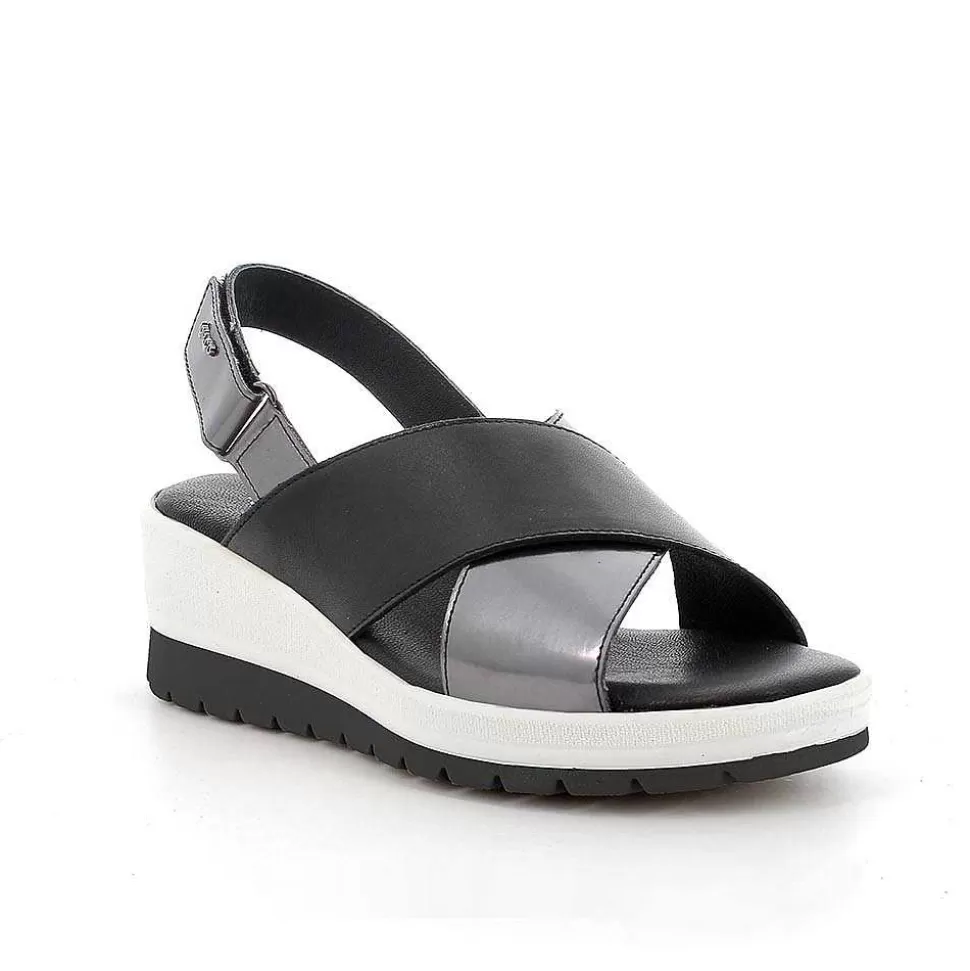 Black Women'S Leather Wedge Sandals-Igi&Co Cheap