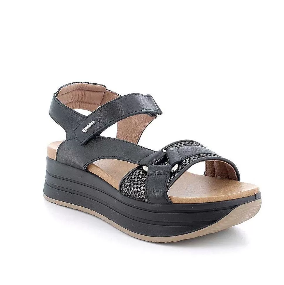 Black Women'S Leather Wedge Sandals-Igi&Co Best