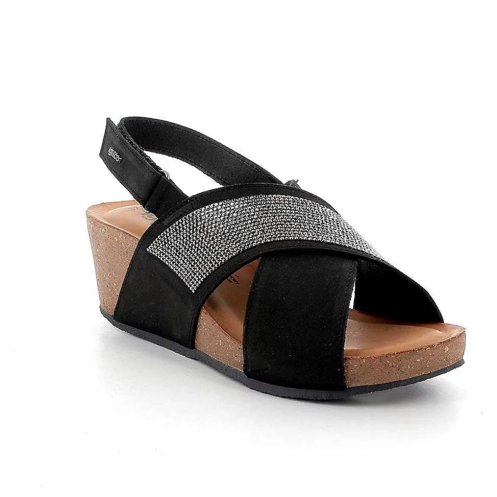 Black Women'S Leather Wedge Sandals-Igi&Co Fashion