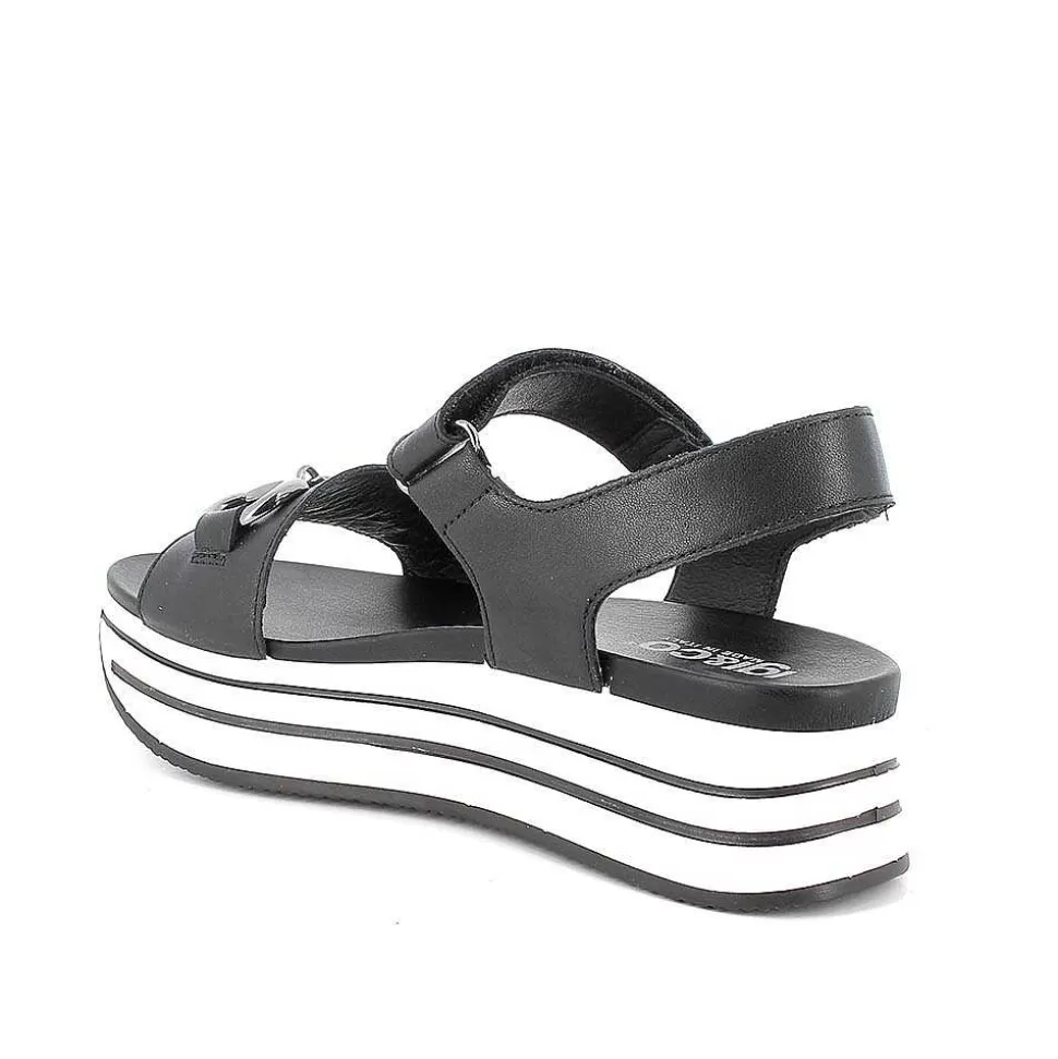 Black Women'S Leather Wedge Sandals-Igi&Co Online