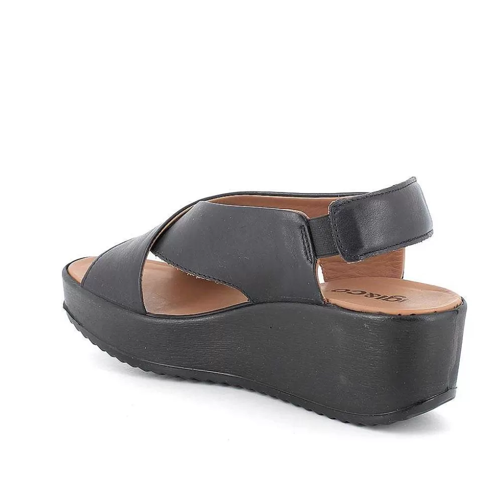Black Women'S Leather Wedge Sandals-Igi&Co New