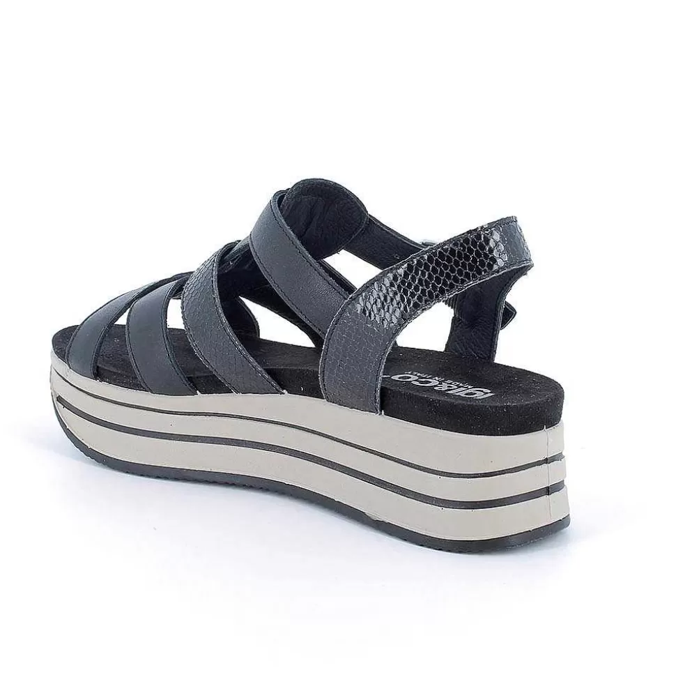 Black Women'S Leather Wedge Sandals-Igi&Co Sale