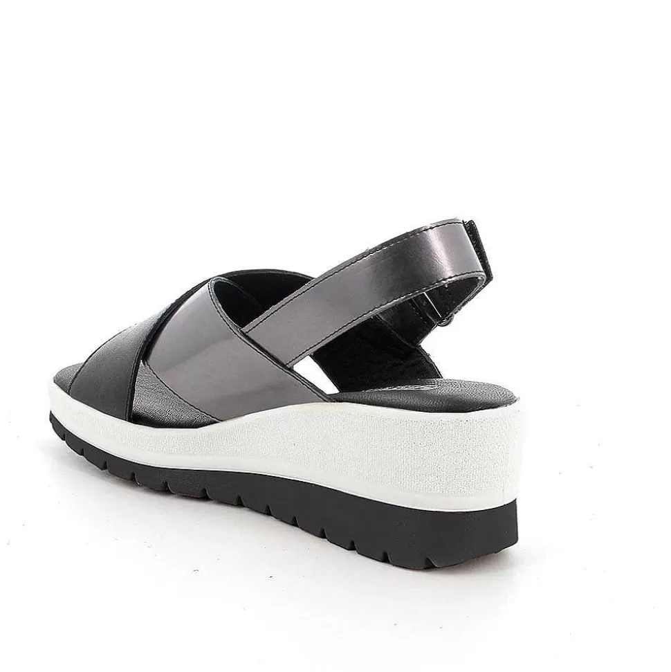 Black Women'S Leather Wedge Sandals-Igi&Co Cheap