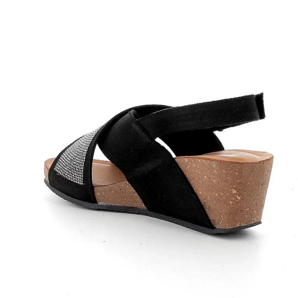 Black Women'S Leather Wedge Sandals-Igi&Co Fashion