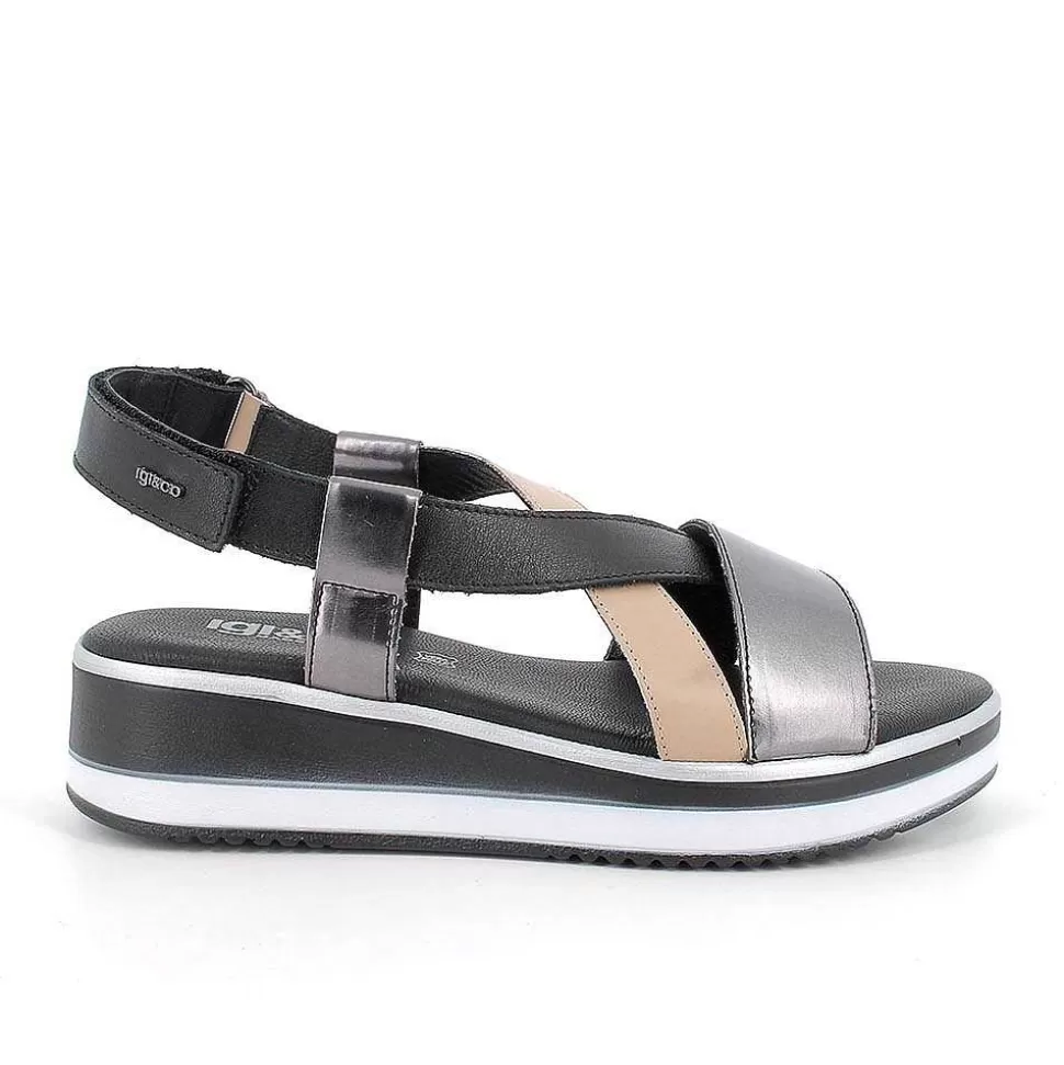 Black-Beige Women'S Leather Wedge Sandals-Igi&Co Clearance