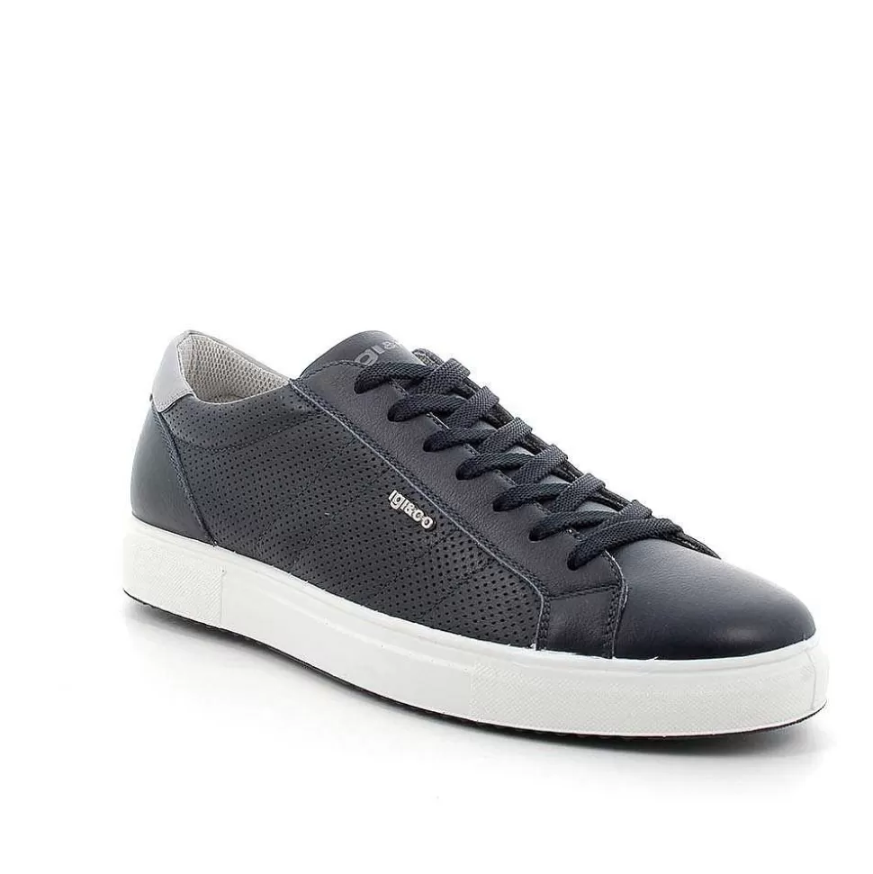 Blue Men'S Leather Sneakers-Igi&Co Best Sale