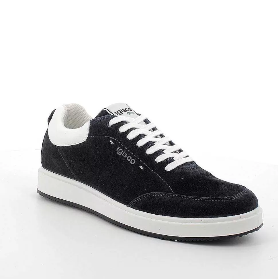 Blue Men'S Leather Sneakers-Igi&Co Best Sale