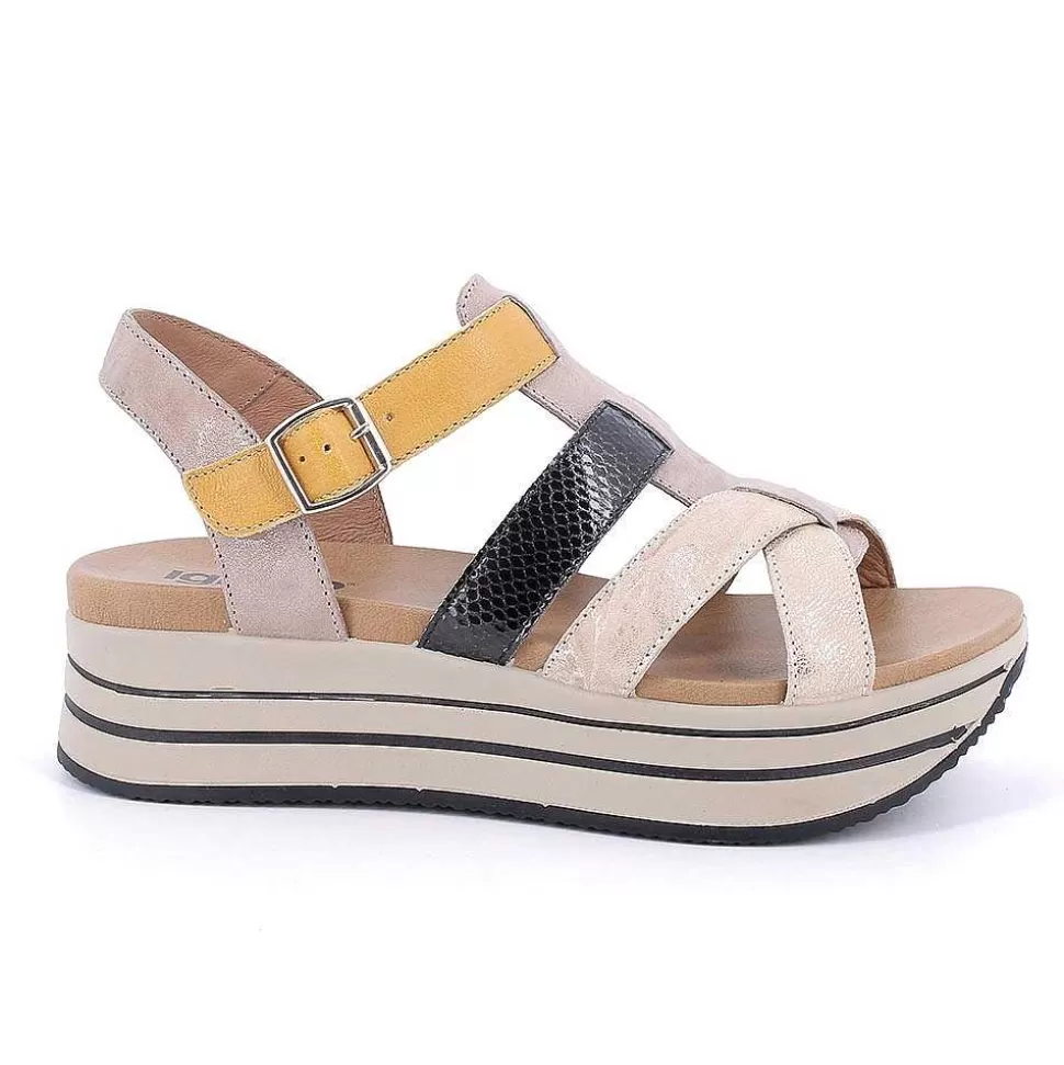 Caramel-Black Women'S Leather Wedge Sandals-Igi&Co Shop