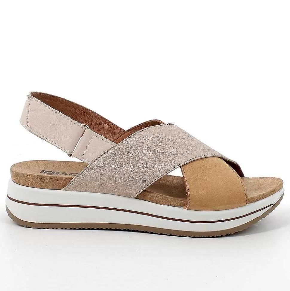 Cognac-Champagne Women'S Leather Wedge Sandals-Igi&Co Cheap