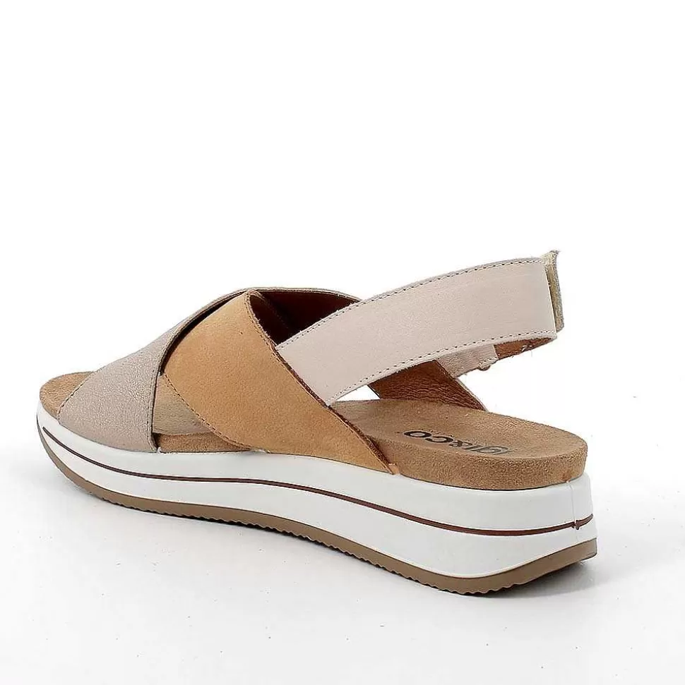 Cognac-Champagne Women'S Leather Wedge Sandals-Igi&Co Cheap