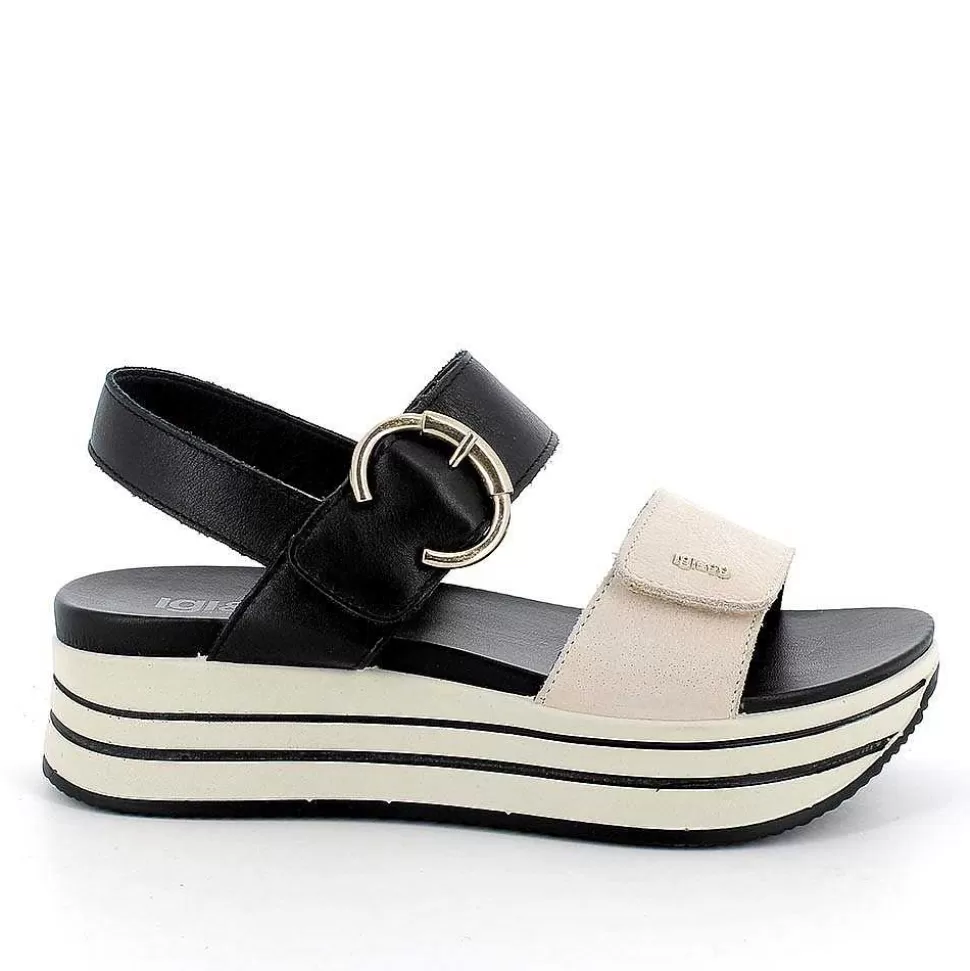 Cream-Black Women'S Leather Wedge Sandals-Igi&Co Outlet