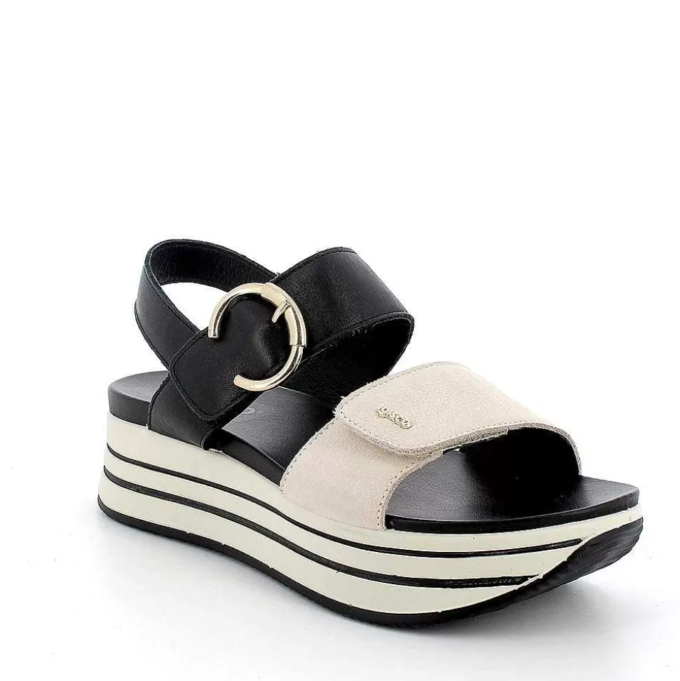 Cream-Black Women'S Leather Wedge Sandals-Igi&Co Outlet