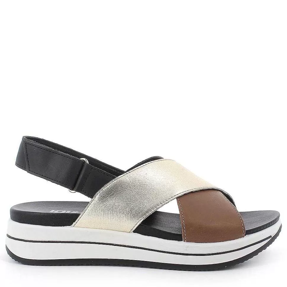 Crossed Strap Sandal In Light Brown Leather And Platinum Laminated Leather-Igi&Co Clearance
