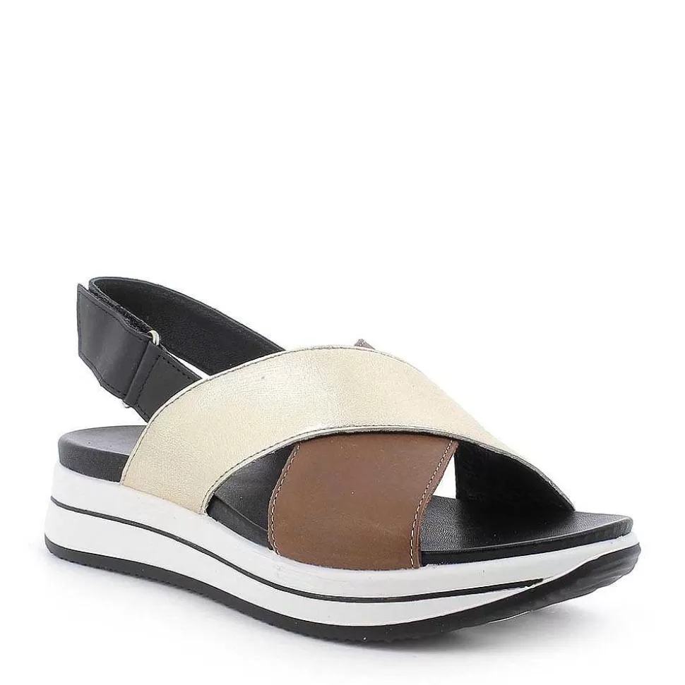 Crossed Strap Sandal In Light Brown Leather And Platinum Laminated Leather-Igi&Co Clearance