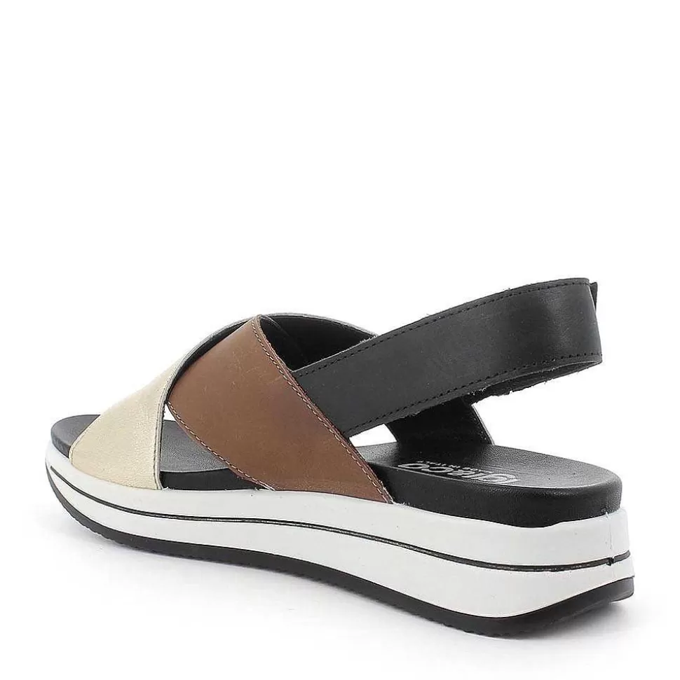 Crossed Strap Sandal In Light Brown Leather And Platinum Laminated Leather-Igi&Co Clearance