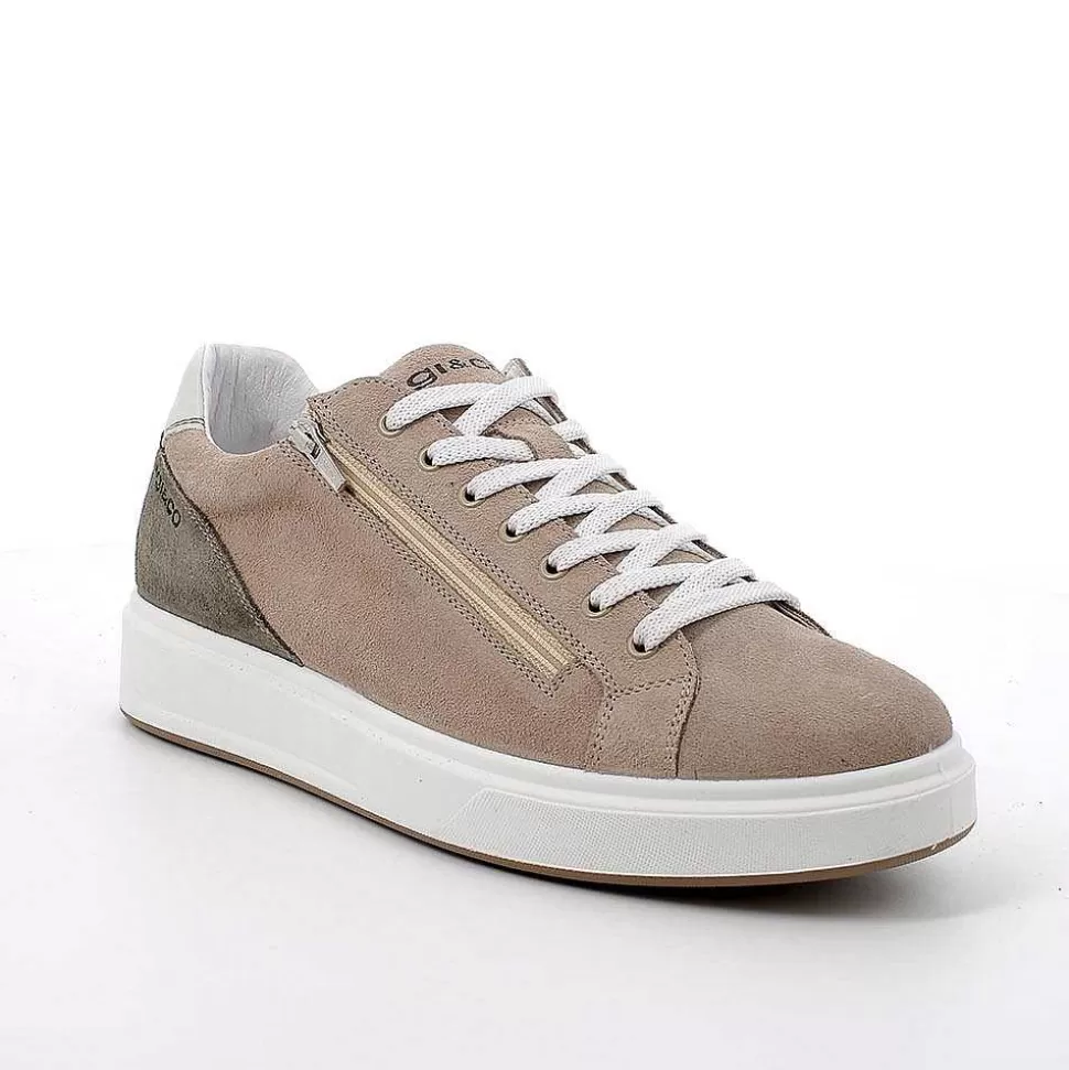 Dark Beige Men'S Leather Sneakers-Igi&Co Cheap