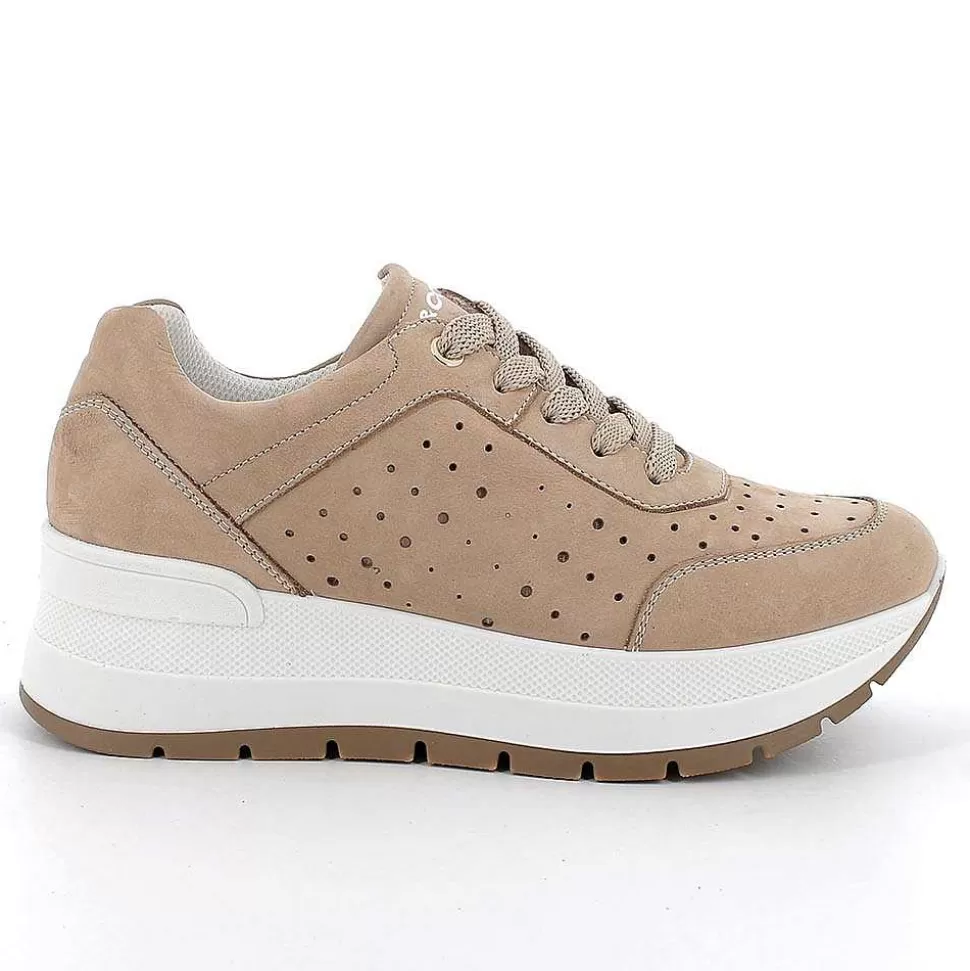 Dark Beige Women'S Leather Wedge Sneakers-Igi&Co Online