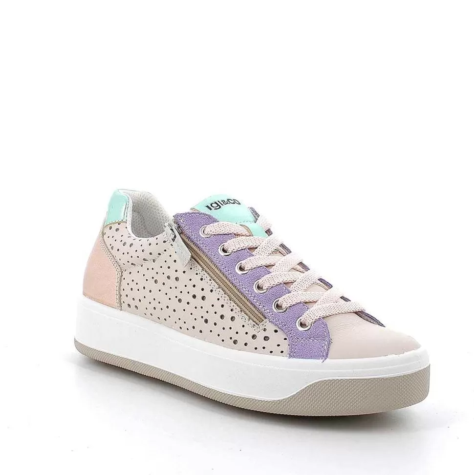 Ecru-Lilac Women'S Leather Sneakers-Igi&Co Cheap