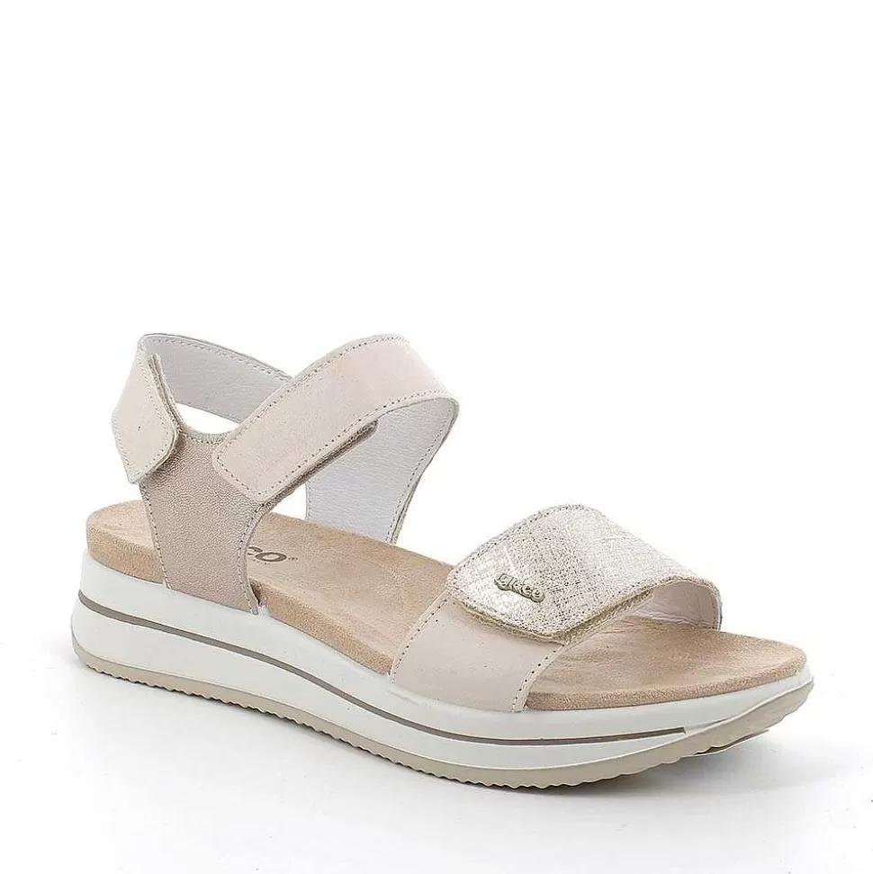 Ecru-Platinum Women'S Leather Wedge Sandals-Igi&Co Shop