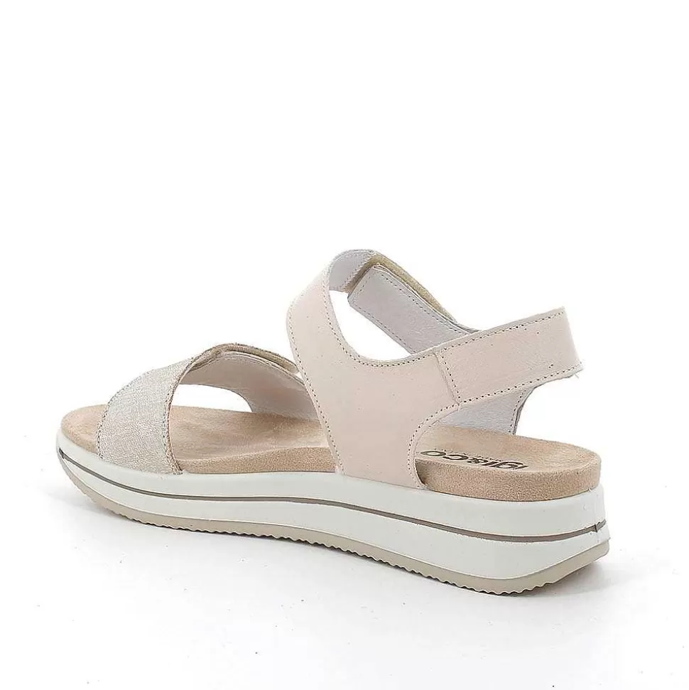 Ecru-Platinum Women'S Leather Wedge Sandals-Igi&Co Shop
