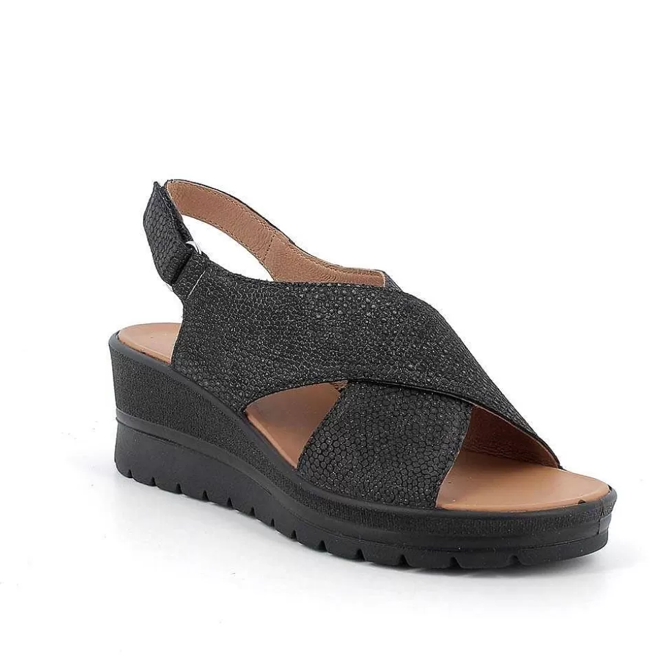 Iridescent Black Women'S Leather Wedge Sandals-Igi&Co Outlet