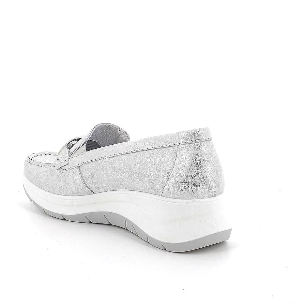 Silver Women'S Leather Wedge Loafers-Igi&Co Online