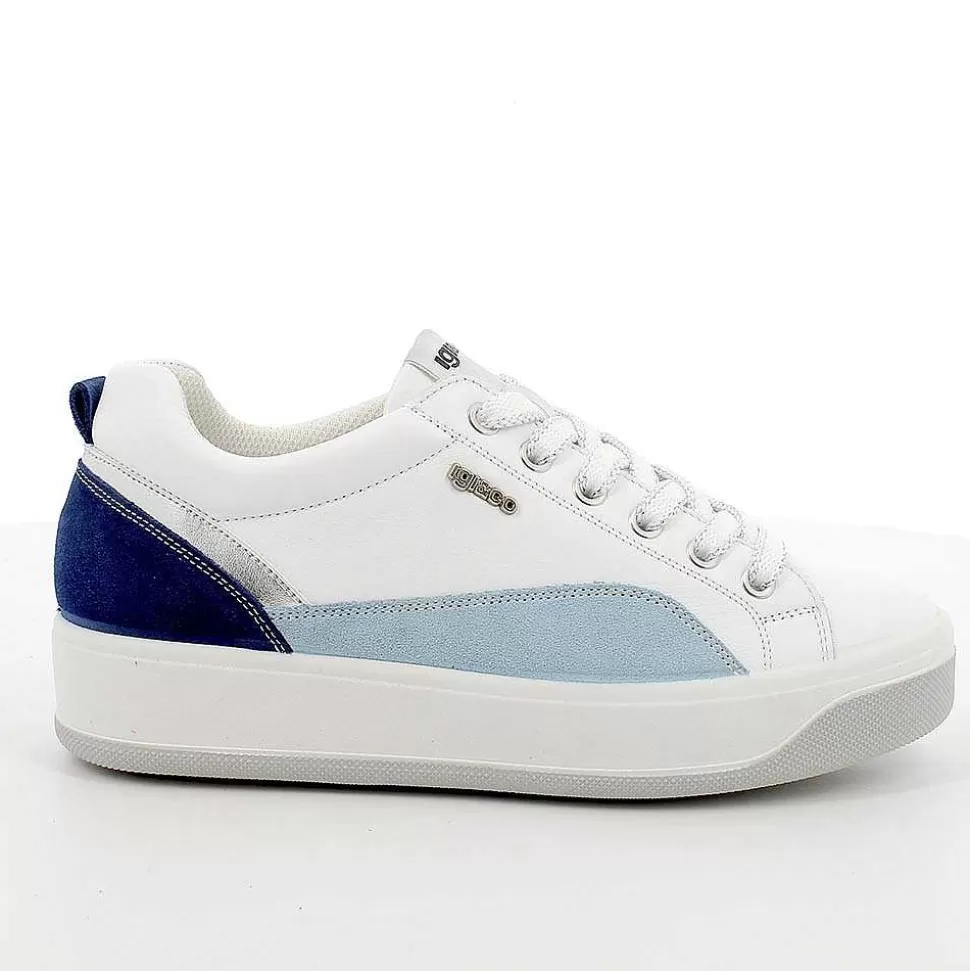 White-Blue Women'S Leather Sneakers-Igi&Co Best
