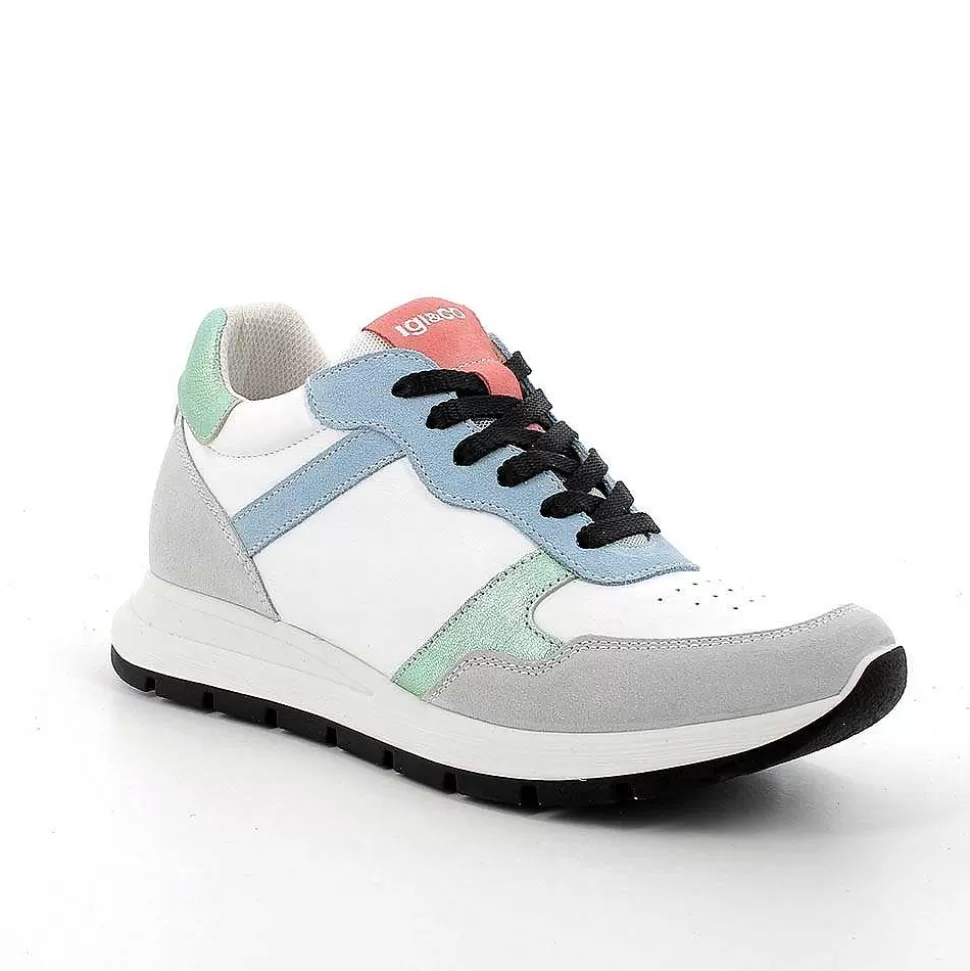 White-Crystal-Light Blue Women'S Leather Sneakers-Igi&Co Discount