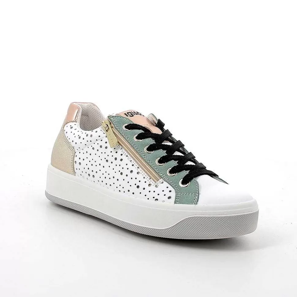White-Green Women'S Leather Sneakers-Igi&Co Best Sale