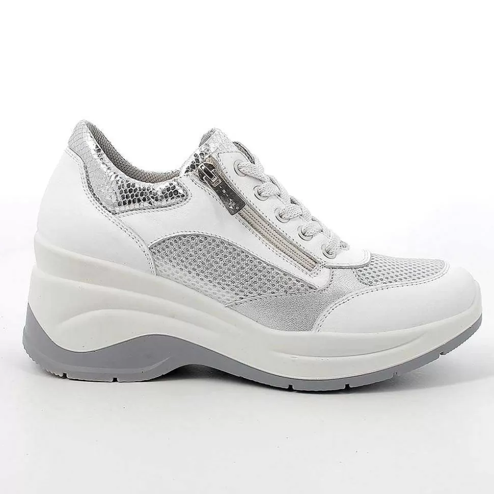 White-Silver Women'S Leather Wedge Sneakers-Igi&Co Outlet