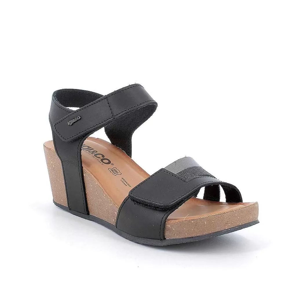 Women'S Leather Wedge Sandals Black-Dark Grey-Igi&Co Outlet