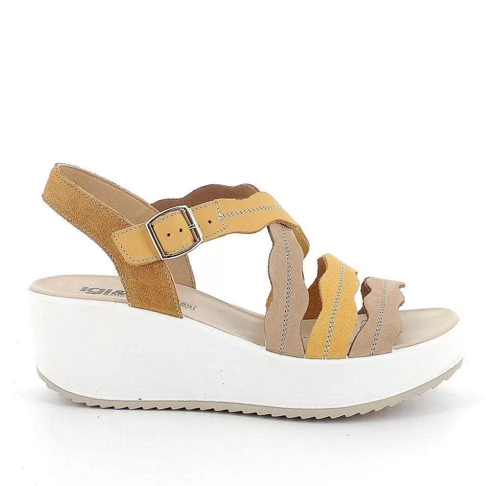 Yellow-Beige Women'S Leather Wedge Sandals-Igi&Co Cheap