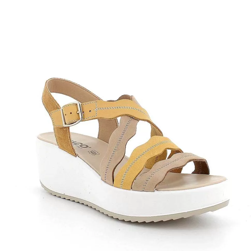Yellow-Beige Women'S Leather Wedge Sandals-Igi&Co Cheap